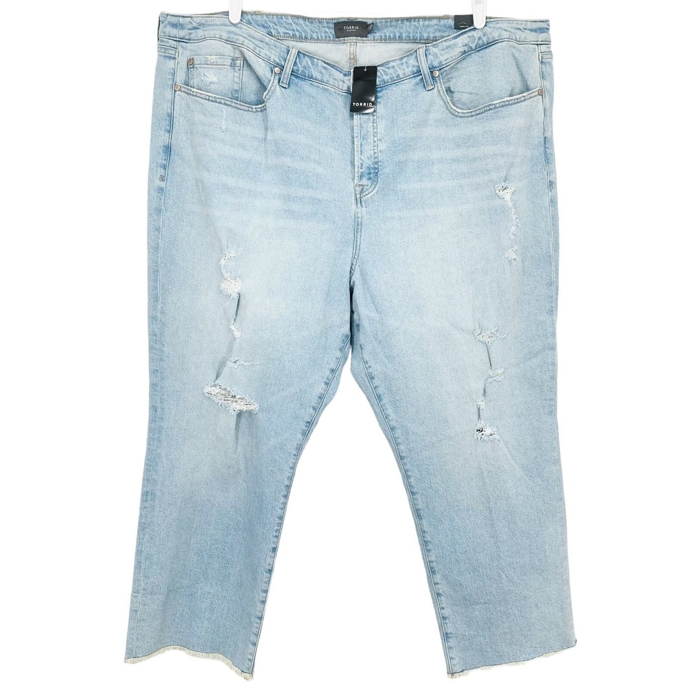 NWT Torrid Women Blue Distressed Denim Jeans 26T Buttons Closure Stretch Raw Hem